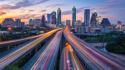 Fototapeta premium Highway overpass with fast-moving cars, city skyline glowing at dusk.