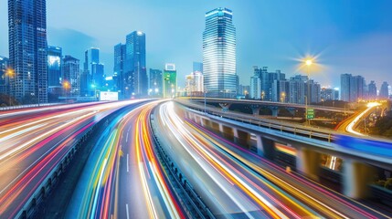 Obraz premium Highway overpass with motion blur, cityscape sparkling in the background.