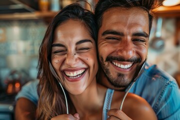 The image displays a joyful couple embracing and smiling broadly while holding spoons in a cozy kitchen setting, highlighting their love and playful cooking bonding time.