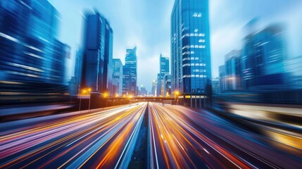 Fototapeta premium Motion blur on a highway overpass, modern city buildings glowing at dusk.