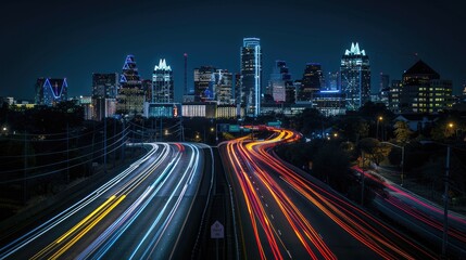 Fototapeta premium Nighttime highway overpass, light trails, and a brightly lit city skyline.