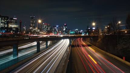 Fototapeta premium Nighttime highway overpass, light trails and a brightly lit urban skyline.