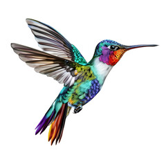 Colorful flying hummingbird isolated on a white background