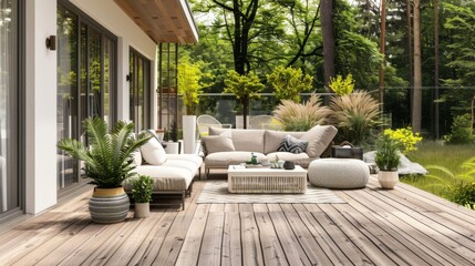 A minimalist outdoor patio with a wooden deck, simple furniture, and potted plants, creating a peaceful retreat