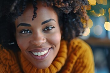 A close-up of a joyful woman with curly hair and dark skin, smiling warmly, captured in gentle, ambient indoor lighting, portraying warmth and friendliness.