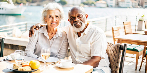 Senior Couple Enjoying Meal by the Beach. A happy elderly couple enjoys a sunny seaside lunch, smiling and embracing a moment of joy together with a beautiful ocean view in the background.