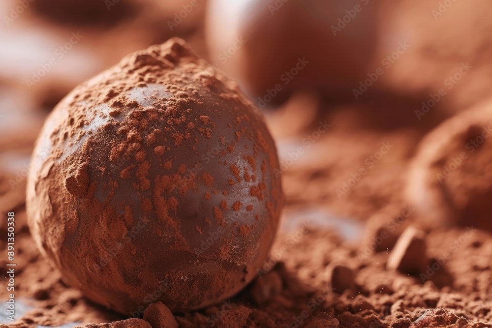 Poster An intricately textured chocolate truffle sits enticingly in a bed of cocoa powder, presenting a harmonious blend of smooth and grainy textures in a delectable scene.