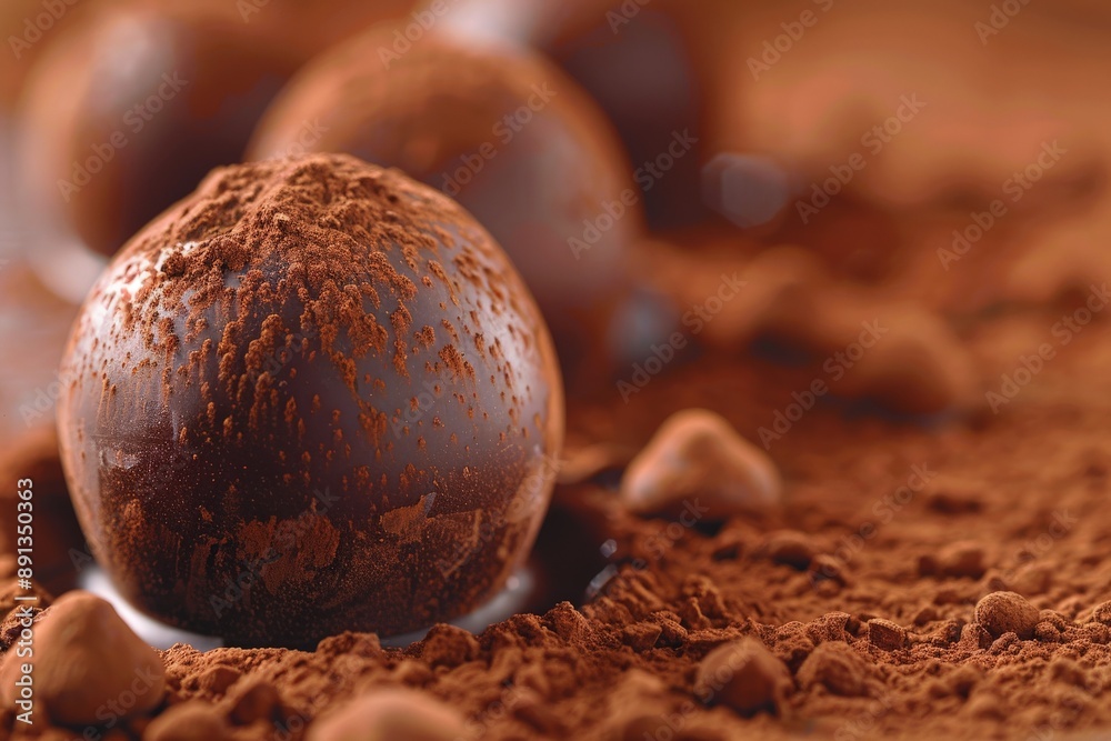 Poster an enticing line-up of chocolate truffles is depicted, each coated with a dusting of cocoa powder, c