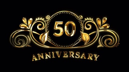 50th Anniversary Celebration. Golden 50 Years Anniversary Animation in Gold Color on the Transparent Background, Alpha Channel. Great for greetings, celebrations, events, and gifts.