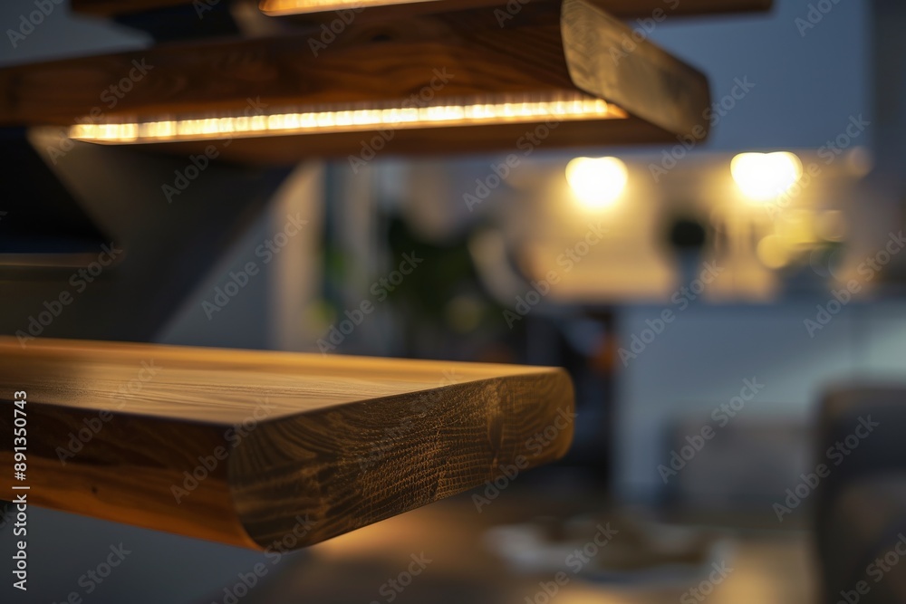 Poster This image captures a detailed view of a modern wooden staircase with warm, cozy lighting, creating a sophisticated and inviting atmosphere in a contemporary home interior.