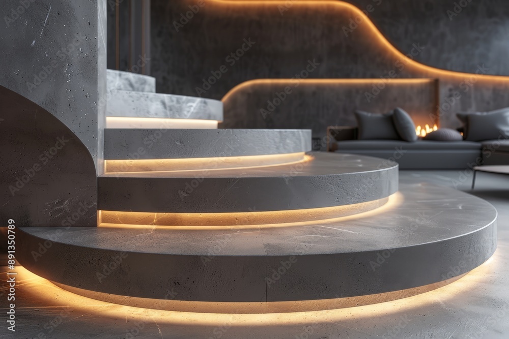 Poster A stylish curved concrete staircase highlighted with warm lighting creates a striking balance between robustness and aesthetic appeal in this modern home interior setup.