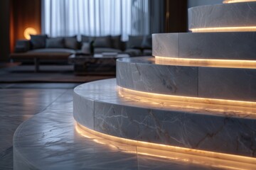 A sophisticated interior featuring elegantly lit marble steps leading to a modern seating area, creating a serene and luxurious ambiance to the space.