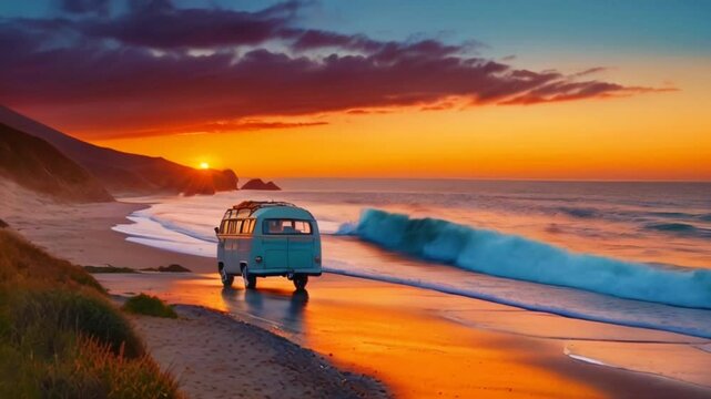 Van driving on the beach in sunset, smooth looping video.