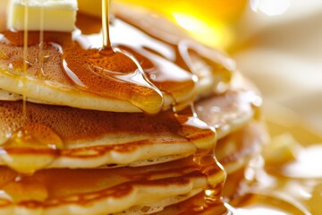 The image beautifully showcases golden pancakes stacked, dripping in syrup with butter melting on top, epitomizing a perfectly sumptuous breakfast treat ready to indulge in.