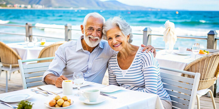 Senior Couple Enjoying Meal by the Beach. A happy elderly couple enjoys a sunny seaside lunch, smiling and embracing a moment of joy together with a beautiful ocean view in the background. - Powered by Adobe