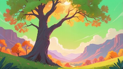 beauty view landscape with tree and mountains illustration