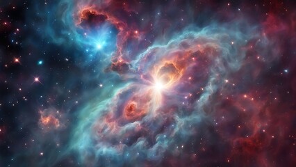 Colorful cosmic nebula with swirling gases and bright star clusters, deep space background, photorealistic