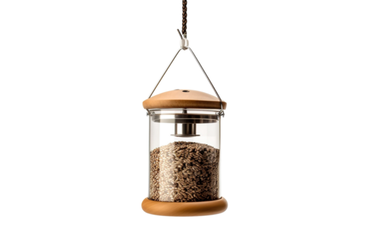 A Suspended Glass Bird Feeder Filled With Seeds Against a White Background on a Clear PNG or White Background. - Powered by Adobe