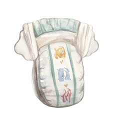 Watercolor illustration of a new diaper with three abstract patterns on a clean white background. Perfect for baby themes, nursery decor, and creative projects..