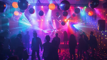 Obraz premium A party scene with colorful disco lights and loudspeakers, creating a festive atmosphere