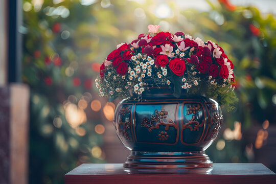 Funerary urn with ashes of dead and flowers at funeral.