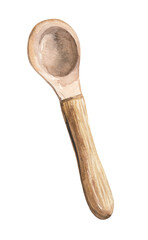 Watercolor illustration of a training baby spoon with a wooden handle and silicone tip on a white background. Ideal for baby care themes, parenting guides, and nursery decor.