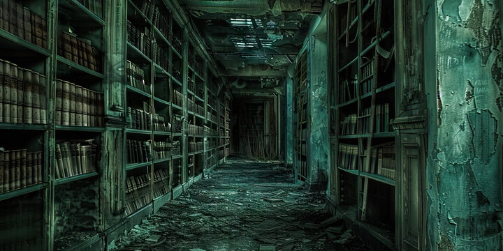 Haunting Hallways of Memory: A dimly lit, abandoned library, its shelves creaking softly in the stillness