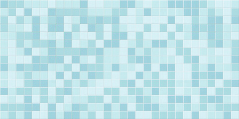 Blue white mosaic bathroom brick tile. Wall and floor in bath seamless background. Ceramic tiled grid pattern. Realistic 3d vector illustration.