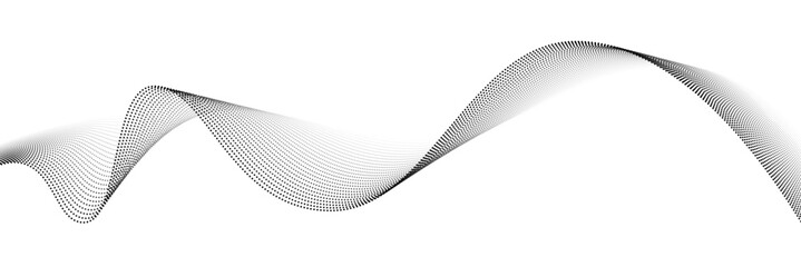 Wave dots abstract pattern. Flow of black curved dotted lines vector illustration isolated on white background. Dynamic shiny swirl backdrop. Digital, technology, ia, music, modern design element.