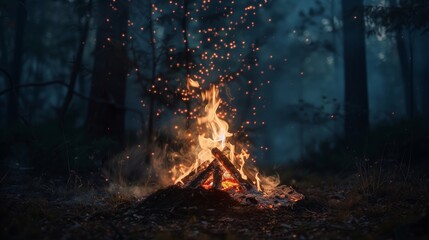 Mesmerizing Campfire in a Dark Forest, Casting a Warm Glow and Sparkling Embers Into the Night