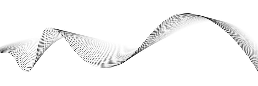 Wave dots abstract pattern. Flow of black curved dotted lines vector illustration isolated on white background. Dynamic shiny swirl backdrop. Digital, technology, ia, music, modern design element.