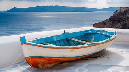 Naklejka premium A rowing boat used as decoration on Santorini Island, Greece.