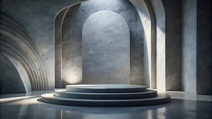 Fototapeta premium Round podium illuminating by sunlight passing through arch window