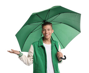 Young man with green umbrella on white background