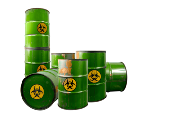 Barrel with toxic waste. Biohazard warning sign. Rusty dangerous barrel with pathogens, or other toxins on isolated background