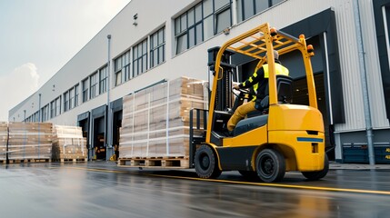 Naklejka premium Efficient Forklift Operations Handling Oversized Cargo Outdoors at Large Warehouse Facility