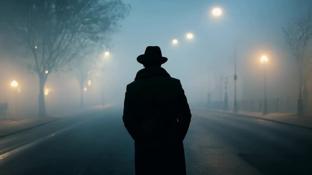 Silhouette of detective walking in foggy street at night