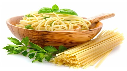A collection of dried pasta shapes, including spaghetti, displayed in glass jars and bowls on a white background