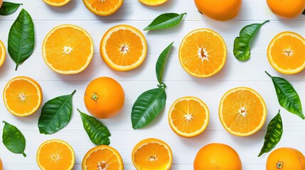 A flat lay of fresh orange slices and leaves arranged on a white wooden background SEAMLESS PATTERN