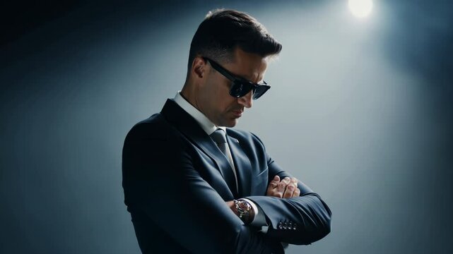 Secret agent in suit checking watch at night
