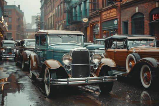 A rainy day in a historic city street with a line of vintage cars parked along the cobblestone road, capturing the charm and elegance of a bygone era with classic architectural elements.