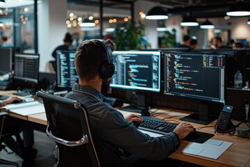 A programmer deeply focused on coding at a desk, with multiple screens showcasing various lines of code, while working in a collaborative and modern open-plan office space, contributing to team proje