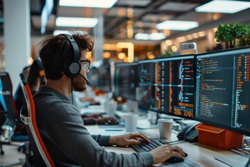 A software developer working on multiple monitors in a modern office environment, with a focus on coding and development, contributing to collaborative team projects and using advanced technological 