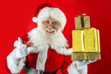 Emotional senior male model old man with a natural white beard in the role of Father Christmas