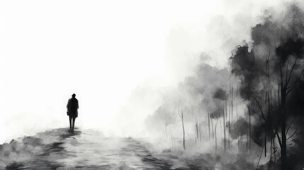 A Solitary Figure Wandering Through a Mystical Foggy Landscape Painted in Shades of Black and White