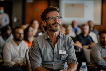 An enthusiastic audience member, seated in a seminar, listens intently to the speaker while surrounded by other attendees, in a brightly-lit, modern venue.