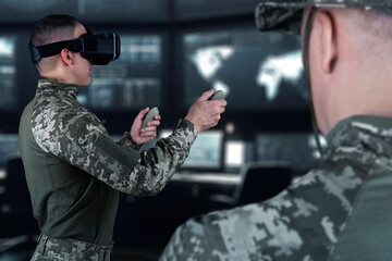Warfare pilot using head-mounted displays VR glasses, digital device operating with robot, drone or troops of mechanical soldiers. The military's training virtual simulators, AI technology