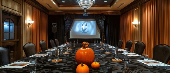 Halloween Decorated Meeting Room with Skeletons, Pumpkins, and Dark Drapery