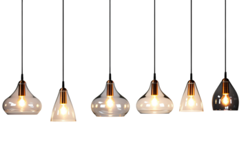 Six Contemporary Glass Pendant Lights Hanging Against a White Background on a Clear PNG or White Background.