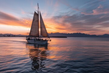 A sailboat drifts gracefully into a stunning sunset, which paints the sky with hues of orange and pink, with mountains creating a dramatic and beautiful backdrop.